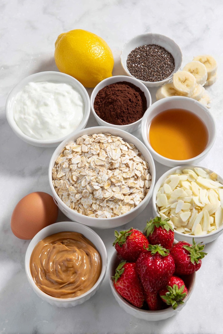 Flat lay of a small white ceramic bowl filled with quick cooking oats, a small white ceramic bowl of chia seeds, a small white ceramic bowl of plain Greek yogurt, a small white ceramic bowl of unsweetened almond milk, a small white ceramic bowl with golden maple syrup, a small white ceramic bowl with smooth creamy peanut butter, a small white ceramic bowl with chopped peanuts, a small white ceramic bowl with mini chocolate chips, a fresh medium banana sliced into rounds, a few fresh medium strawberries sliced, a small white ceramic bowl with chocolate protein powder, a small white ceramic bowl with shredded apple, a small white ceramic bowl with slivered almonds, a small white ceramic bowl of fresh mashed blueberries, a whole lemon with bright yellow zest, a clean whole brown egg, all arranged with perfect symmetry and balanced proportions, placed on a clean white marble surface, soft natural light, photo taken with an iPhone, professional food photography style, fresh ingredients, white ceramic bowls, no bottles, no duplicates, no utensils, no packaging --ar 2:3 --v 7 --p m7354615311229779997 - Healthy Overnight Oats Flavors, Healthy Overnight Oats Recipes, Nutritious Overnight Oats Ideas, Customizable Overnight Oats Breakfasts, Easy Overnight Oats Variations