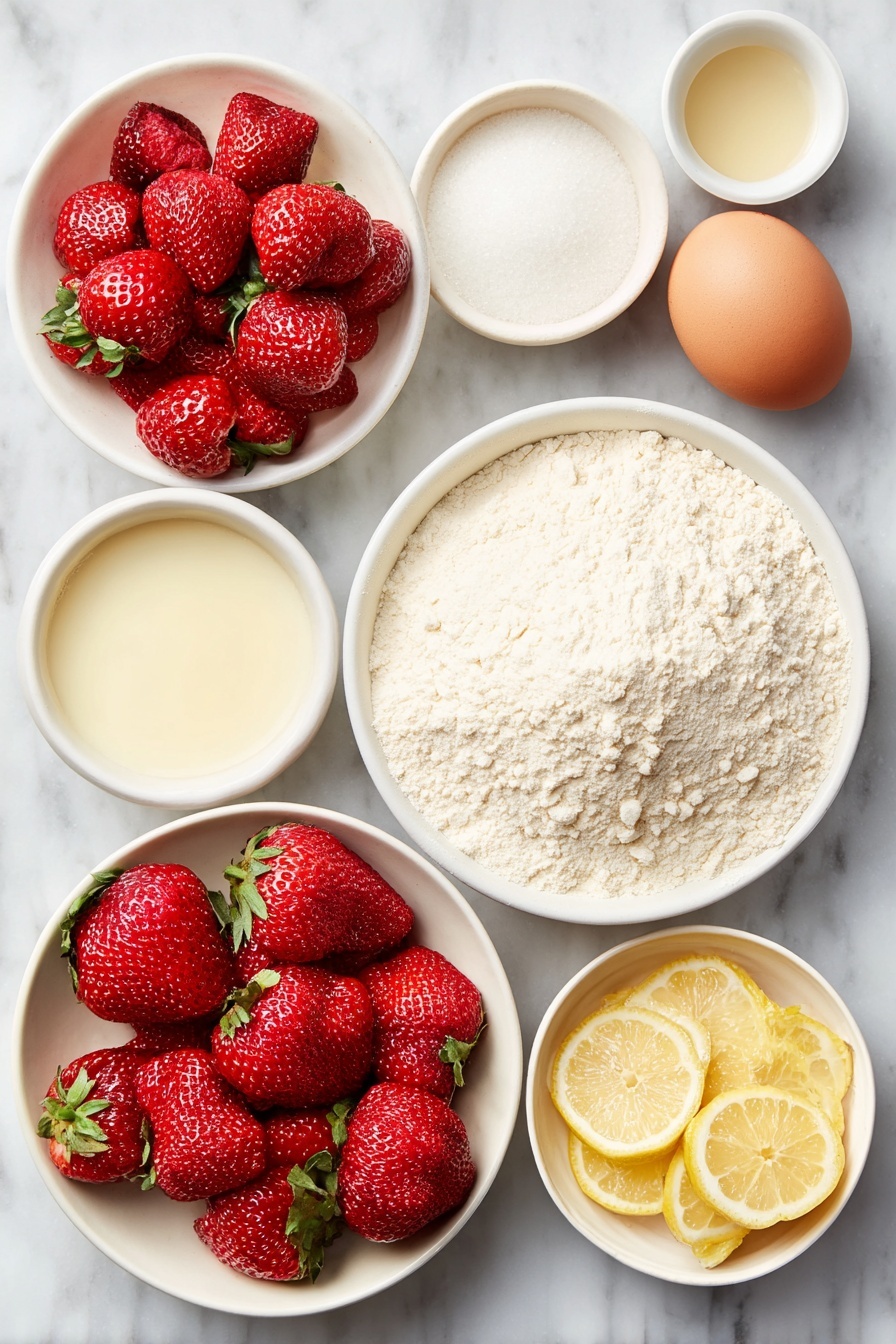 Flat lay of a small mound of all-purpose flour on a simple white ceramic plate, a small white bowl filled with granulated sugar, a few scattered fresh baking soda crystals, a pinch of salt on a second small white bowl, about ten medium fresh strawberries hulled and chopped on a white ceramic dish, a small white bowl with fresh milk, a small white bowl containing melted unsalted butter, one large whole uncracked brown egg, a small white bowl with clear vanilla extract, a halved lemon next to a small white bowl holding freshly squeezed lemon juice, lemon zest arranged neatly on a white ceramic plate, another small white bowl with granulated sugar for glaze, and a small white bowl with warm water, all ingredients arranged symmetrically and balanced, placed on a clean white marble surface, soft natural light, photo taken with an iPhone, professional food photography style, fresh ingredients, white ceramic bowls, no bottles, no duplicates, no utensils, no packaging --ar 2:3 --v 7 --p m7354615311229779997 - Strawberry Lemonade Bread, strawberry lemon quick bread, fresh strawberry lemon bread, lemon strawberry cake bread, easy fruit flavored bread