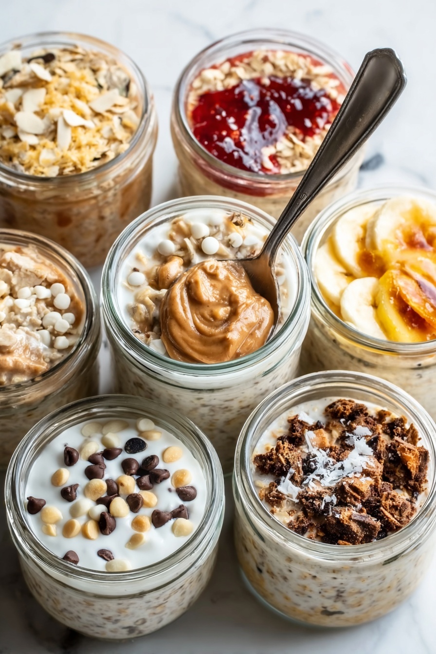 The image shows seven small glass jars filled with layered oatmeal, each topped differently. One jar has white oatmeal with a dollop of brown peanut butter and chocolate chips sprinkled on top, with small beige nut pieces. Another jar has oatmeal topped with small white round pieces and a few dark brown coffee beans. One jar features oatmeal topped with a thick white cream and a reddish jam. There is also a jar filled with oatmeal topped with oatmeal and thin pieces of yellow and red fruit or vegetable. Another jar is topped with sliced banana and a light dusting of white powder. One more jar shows oatmeal with crumbled dark brown pieces on top. The jars are arranged closely on a white marbled surface with a spoon resting inside the jar with peanut butter and chocolate chips. Photo taken with an iphone --ar 2:3 --v 7 - Healthy Overnight Oats Flavors, Healthy Overnight Oats Recipes, Nutritious Overnight Oats Ideas, Customizable Overnight Oats Breakfasts, Easy Overnight Oats Variations