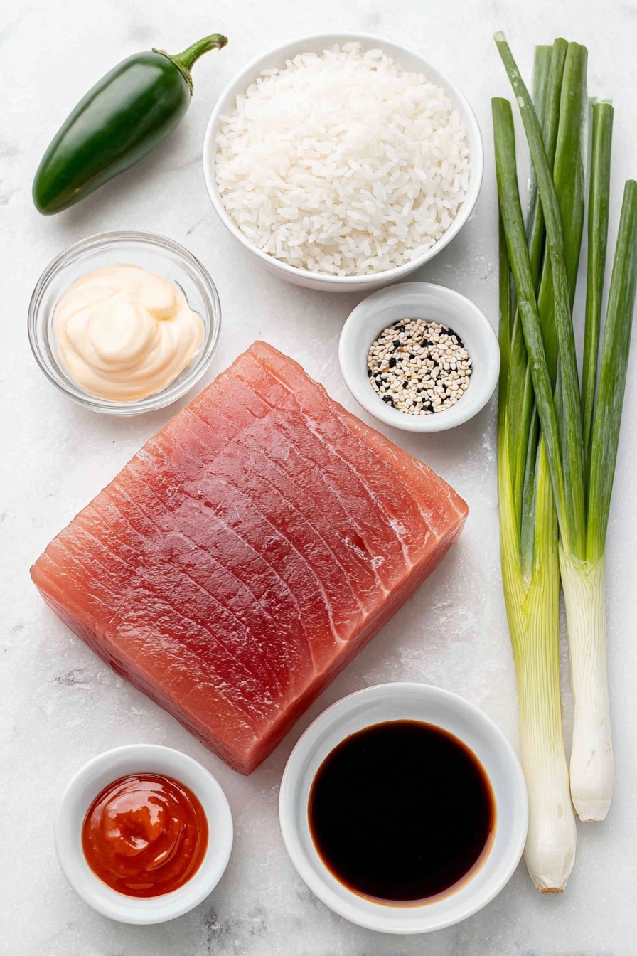 Flat lay of a small mound of glossy white sushi rice, a small white bowl of clear rice vinegar, a small white bowl of granulated sugar, a small white bowl of kosher salt, a small white bowl of neutral cooking oil, a fresh raw block of sushi-grade ahi tuna with deep red color, three slender green scallions with white bases, one whole green jalapeño sliced to show seeds, a small white bowl of creamy pale Kewpie mayonnaise, a small white bowl of bright red Sriracha sauce, a small white bowl of dark brown ponzu sauce, and a small white dish sprinkled with black sesame seeds, all arranged with perfect symmetry on a clean white marble surface, soft natural light, photo taken with an iPhone, professional food photography style, fresh ingredients, white ceramic bowls, no bottles, no duplicates, no utensils, no packaging --ar 2:3 --v 7 --p m7354615311229779997 - Spicy Tuna Crispy Rice Bites, crispy rice bites with spicy tuna, sushi-inspired appetizer, easy crispy rice snack, homemade spicy tuna bites