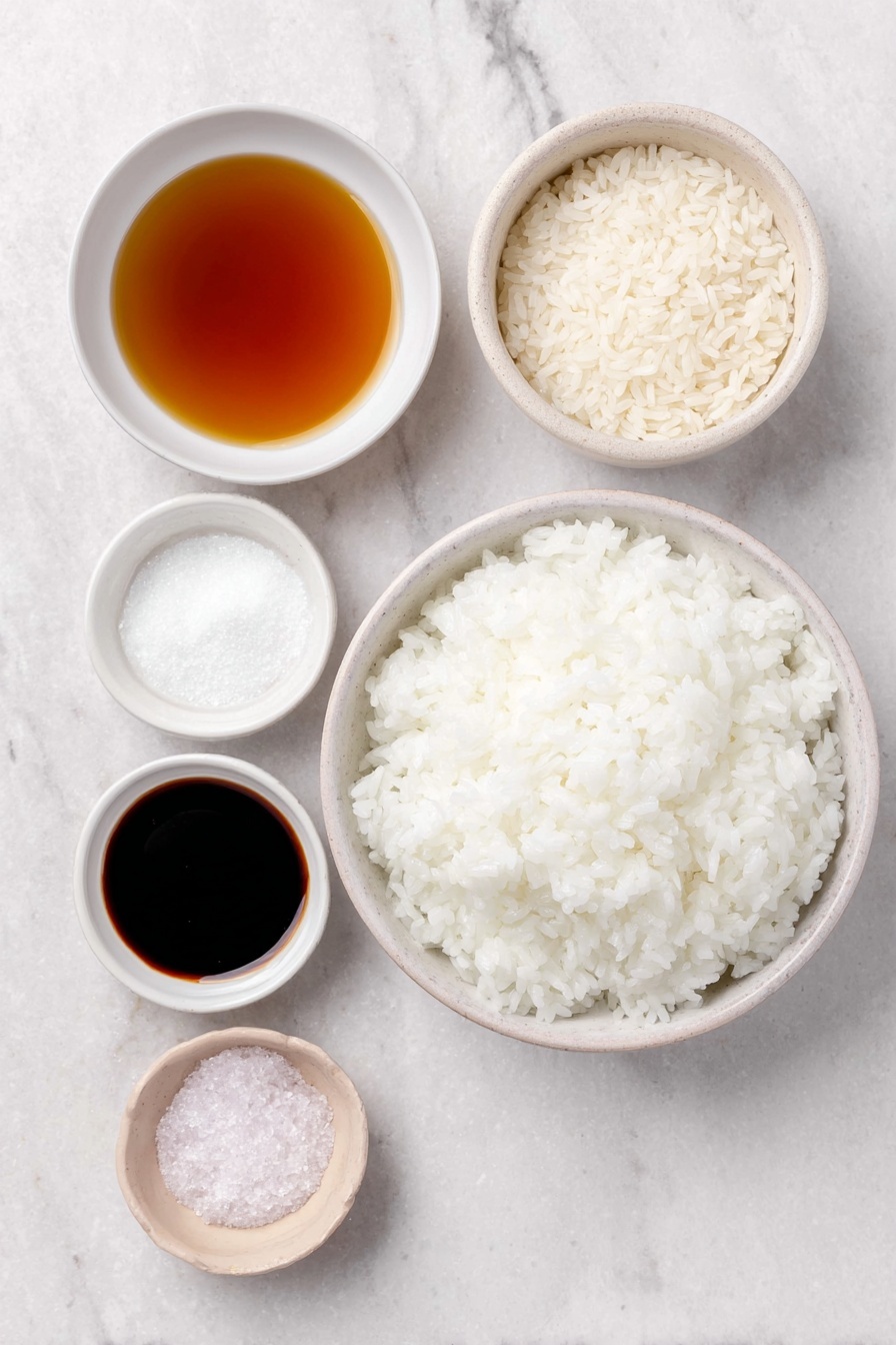 Flat lay of a neat mound of glossy sushi rice in a simple white ceramic bowl, a small white bowl with clear rice vinegar, a small white bowl with sparkling white granulated sugar, a small white bowl with fine white salt crystals, and a simple white ceramic bowl filled with fresh unwashed sushi rice grains, all arranged symmetrically and naturally fresh, placed on a clean white marble surface, soft natural light, photo taken with an iPhone, professional food photography style, fresh ingredients, white ceramic bowls, no bottles, no duplicates, no utensils, no packaging --ar 2:3 --v 7 --p m7354615311229779997 - Perfect Sushi Rice, sushi rice, sushi rice tutorial, how to make sushi rice, best sushi rice preparation