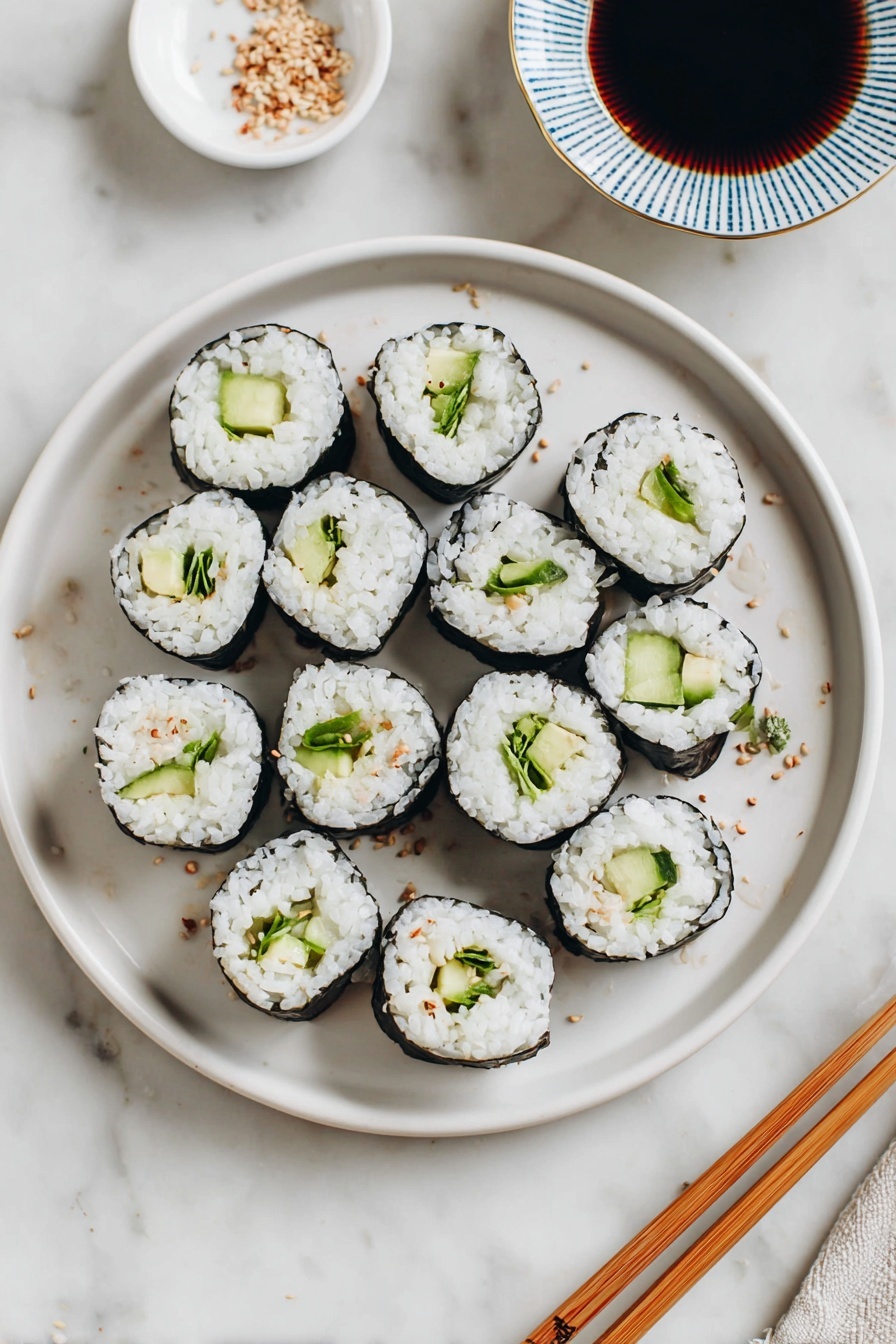 A white round plate is filled with thirteen sushi rolls arranged closely together. Each sushi roll has an outer layer of dark seaweed, a thick white rice layer, and an inner filling made of green cucumber and light green avocado, with some rolls also containing small green leafy vegetables and a sprinkle of light brown sesame seeds on top. The plate rests on a white marbled surface with a pair of wooden chopsticks placed near the bottom right corner and a small white bowl holding dark soy sauce with a blue patterned rim located near the top right. The composition is clean and minimalist with subtle textures. photo taken with an iphone --ar 2:3 --v 7 - Perfect Sushi Rice, sushi rice, sushi rice tutorial, how to make sushi rice, best sushi rice preparation