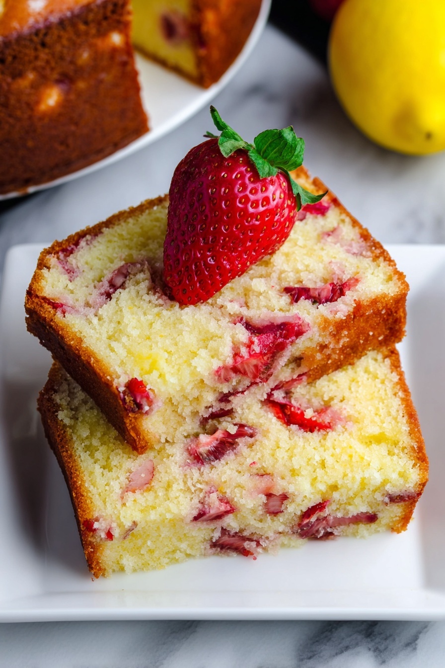 Two thick slices of strawberry cake are stacked slightly angled on a white square plate. The cake has a light golden-brown crust with a soft, moist yellow interior. Bright red strawberry pieces are scattered inside the cake and are visible in the crust. A whole ripe strawberry with green leaves sits next to the slices at the top of the plate. The plate is placed on a white marbled surface, and in the background, part of a whole strawberry cake and a yellow lemon can be seen. Photo taken with an iphone --ar 2:3 --v 7 - Strawberry Lemonade Bread, strawberry lemon quick bread, fresh strawberry lemon bread, lemon strawberry cake bread, easy fruit flavored bread